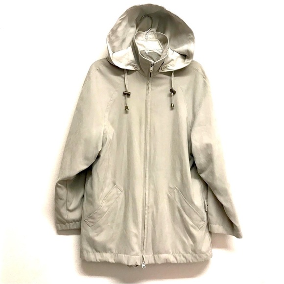 London Fog Sz M Petite Full Zip Hooded Jacket Coat Lined Drawstring Waist Beige - Picture 1 of 8